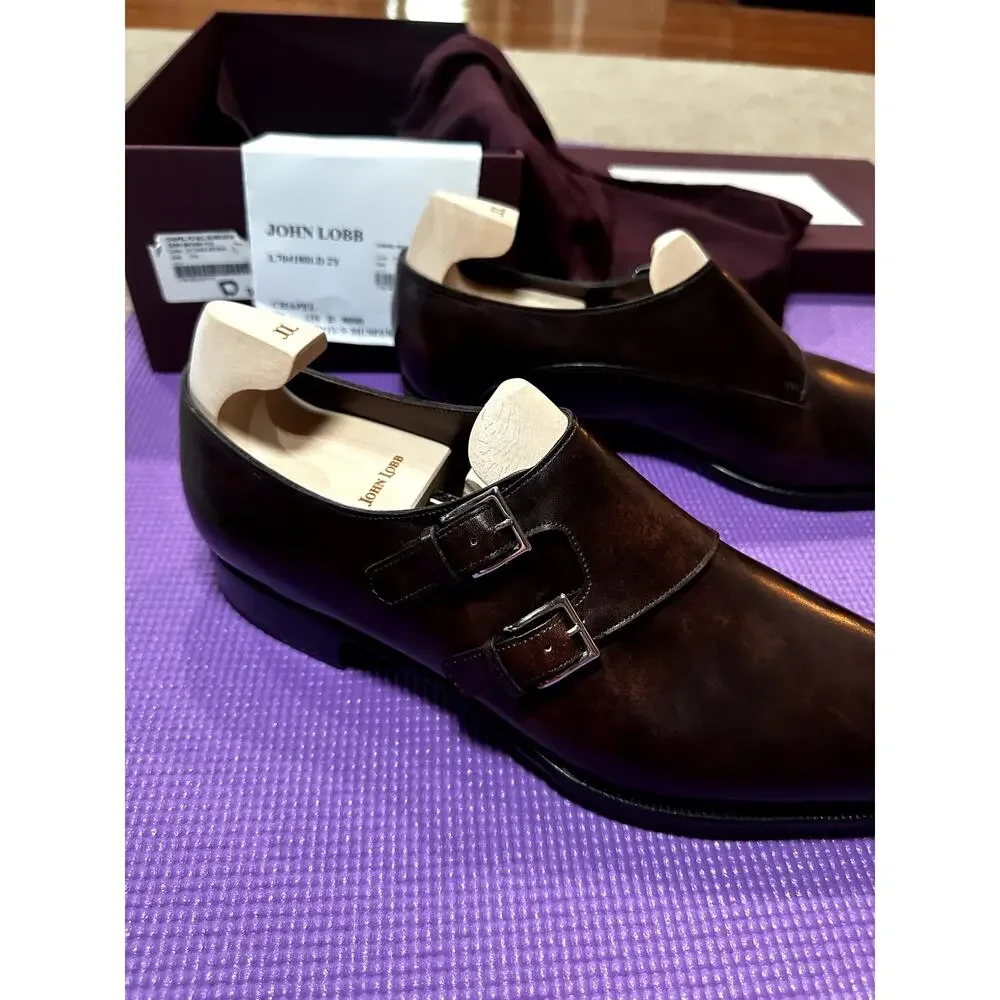 New John Lobb Chapel Double Monk Strap Shoes Dark Brown Museum Calf UK 11 US 12